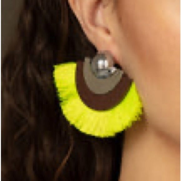 Neon Green Yellow Fan with Brown Leather & Silver Accents Post Earrings - Picture 2 of 3